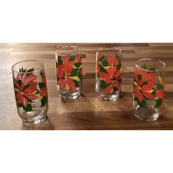 Set 4 Vintage Anchor Hocking Christmas Poinsettia 12 Oz Tumbler Drinking Glasses - Picture 1 of 9